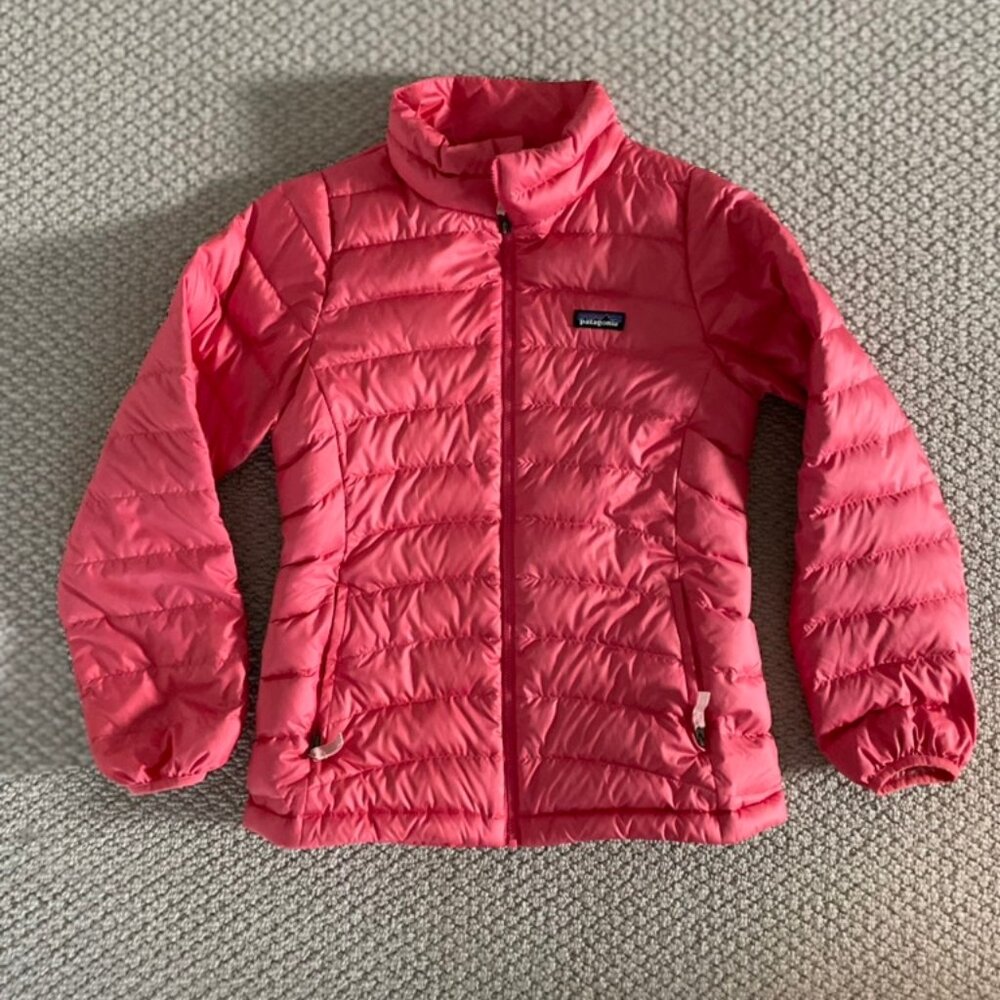 Patagonia goose down zip up pink puffer jacket girls XL 14